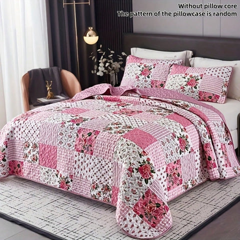 3-Piece Sweet Pink Quilted Bedspread Set With Floral Patchwork Print, Includes 1 Bedspread And 2 Pillowcases, Machine Washable, Suitable For All Seasons, Soft Breathable Comfortable Bedroom Dorm Room Decor Bedding Set