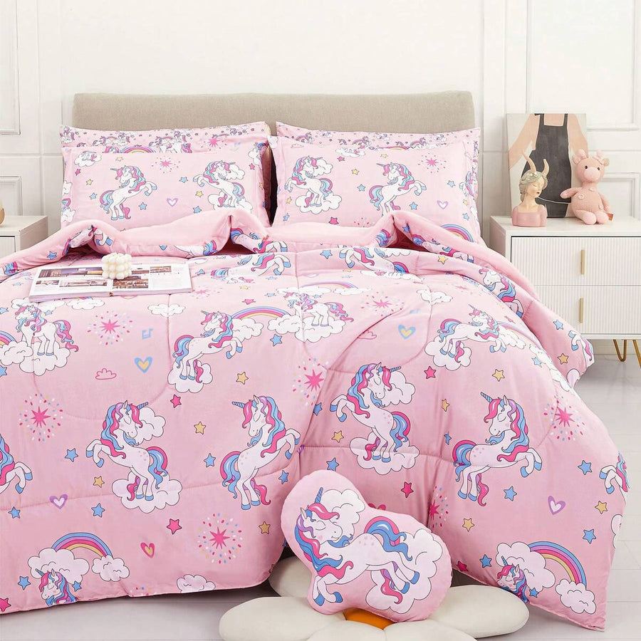 VIVILAND 6/8 Pieces Children's Quilt Set , Ultral Soft Microfiber Kids Bed Set, Pink Unicorn Comforter Sets For Girls/Boys Kids, Twin/Full Comforter Set For Girls/Boys