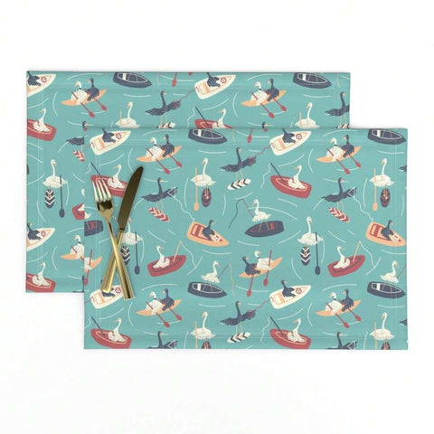 [Home Decor Placemats]Blue Placemats Set Of 4 Or 6, Birds Water Duck Fun Swan Playful Lake Surfing Fishing Placemats ,Lake Birds Doing Lake Things